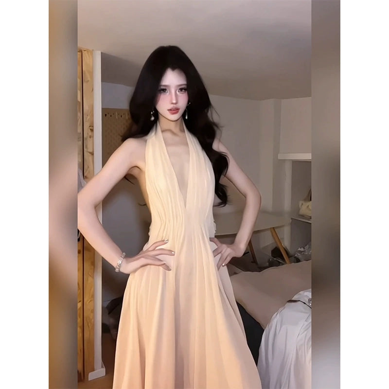 V-neck halter dress, backless maxi dress, vacation dress G106