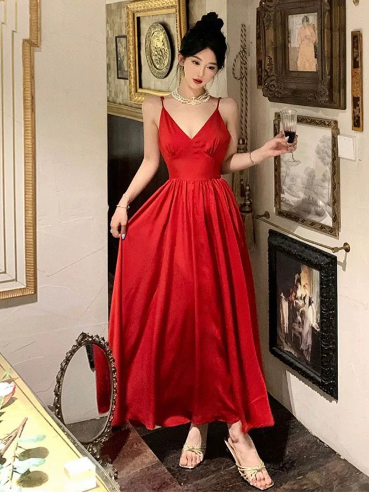 ankle length prom dresses A Line Spaghetti Straps Red Evening Dress Bi – classygown Lace Top Straps Sleeves Airlea Red Satin Asymmetric Color:1