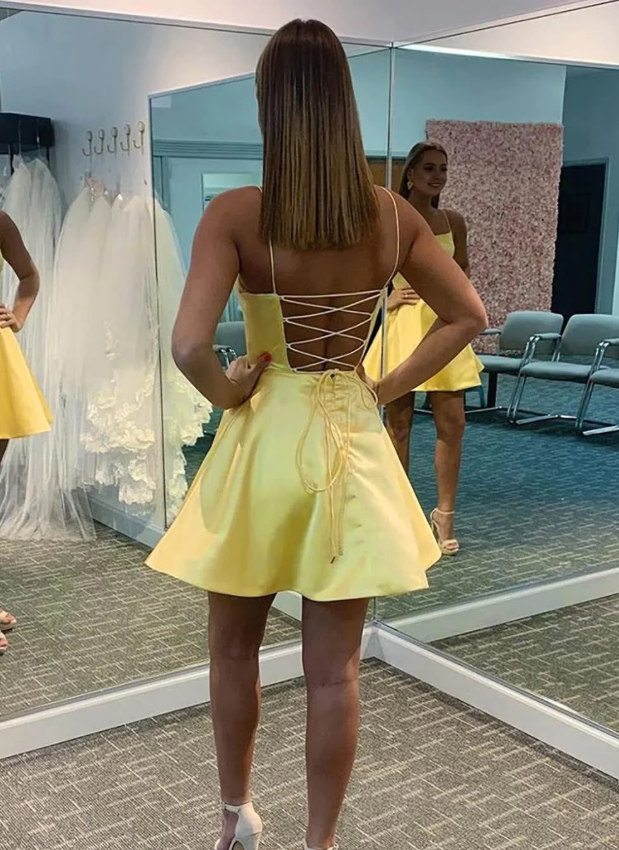 Simple yellow satin short dress yellow homecoming dress cg21631