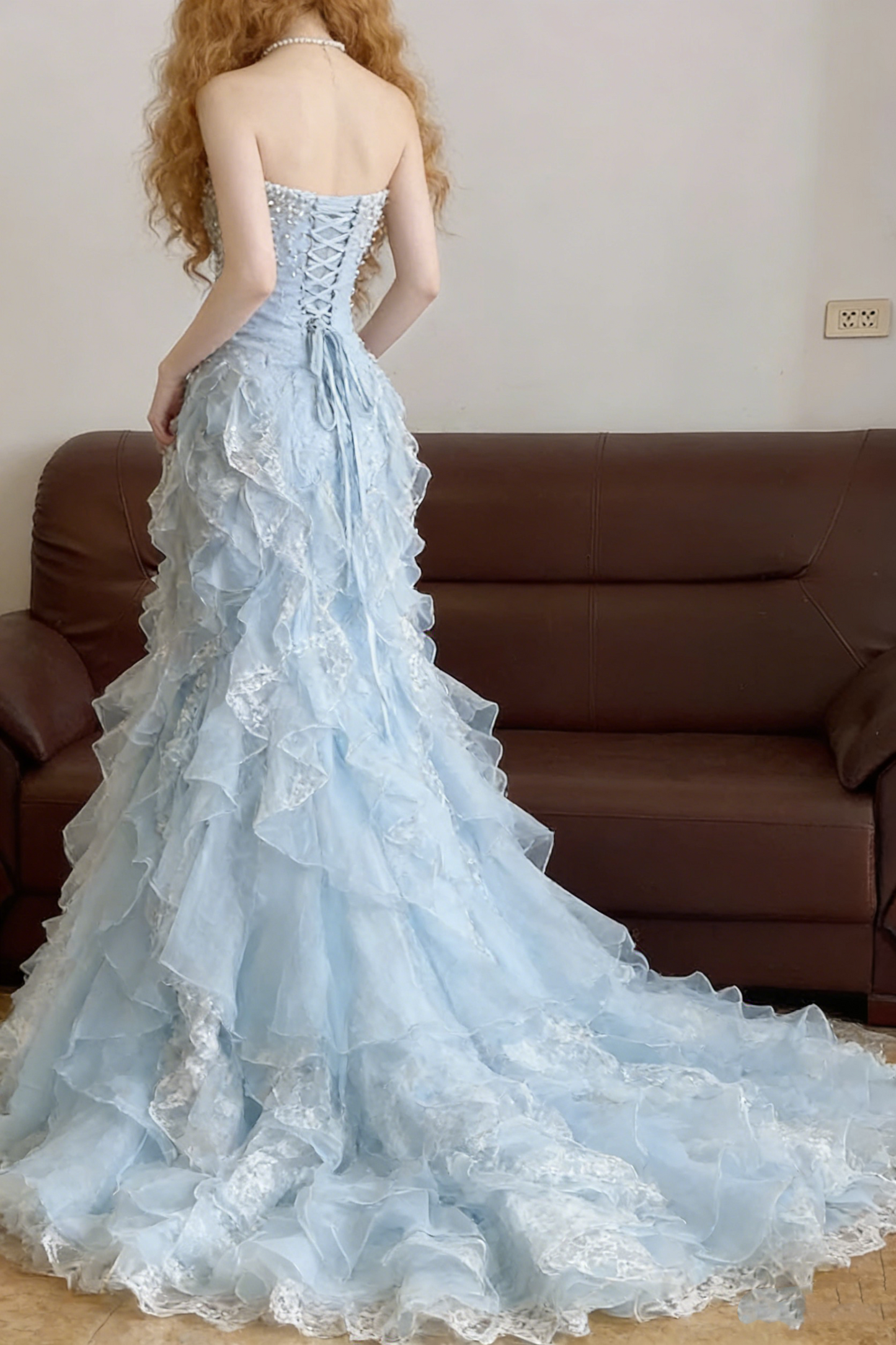 Blaue Meerjungfrau Vintage Tüll Lange Abendkleider, Ärmellose Partykleider cg25484