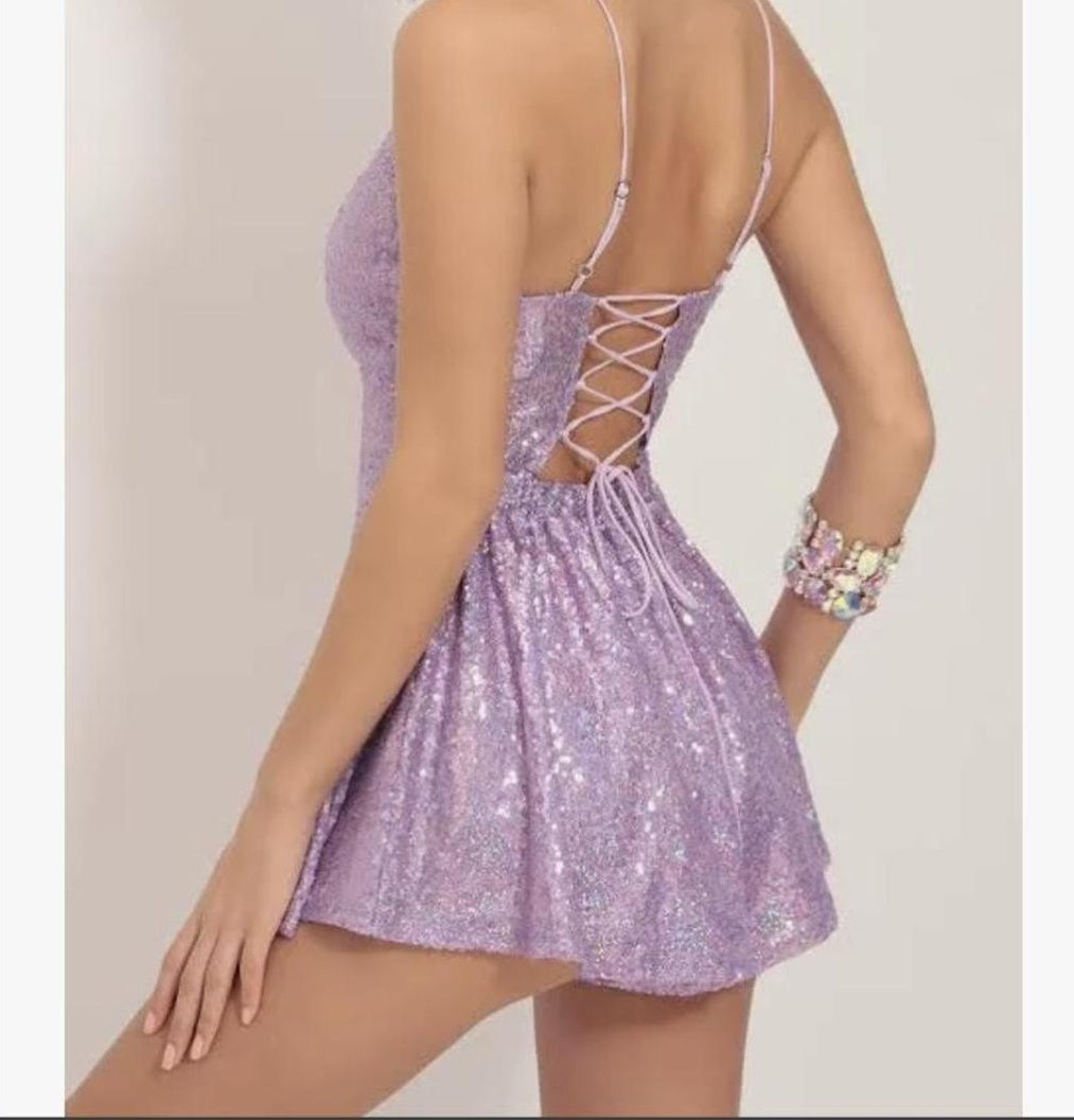Sexy Lilac Sequin V Neck Short Party Dress Homecoming Dress cg25667