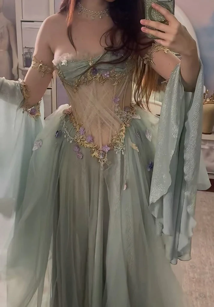 Elegant A Line Off The Shoulder Floor-length Tulle Long Sleeves Evening Dress Prom Dresses cg26217