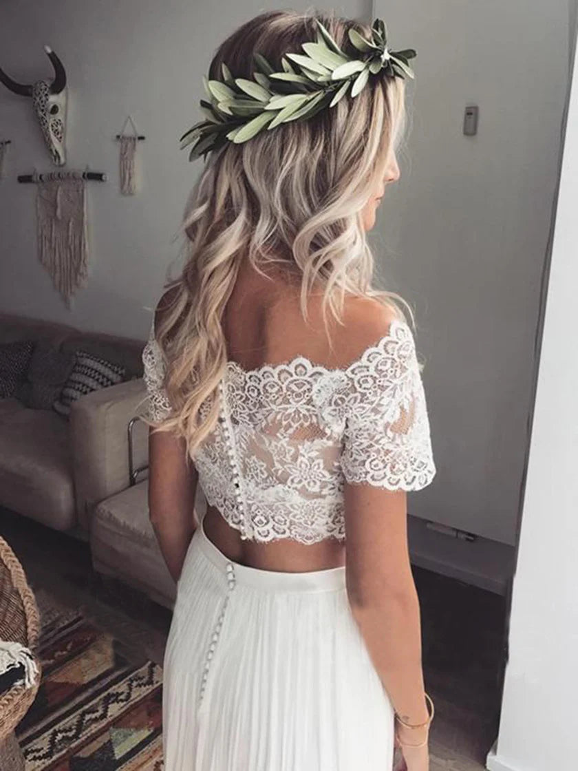 Boho Chic Lace Crop Chiffon Prom Dresses Two Piece Boho Wedding Dresses cg9947