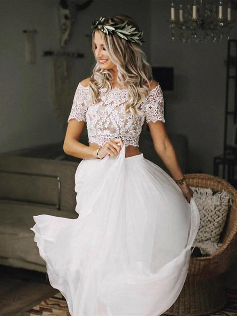 Boho Chic Lace Crop Chiffon Prom Dresses Two Piece Boho Wedding Dresses cg9947