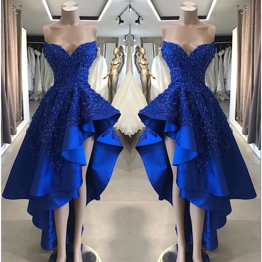 Royal Blue High Low Evening Party Dresses Sweetheart Beaded Lace Applique Ruffles Skirt Summer Occasion Prom Gowns cg1995
