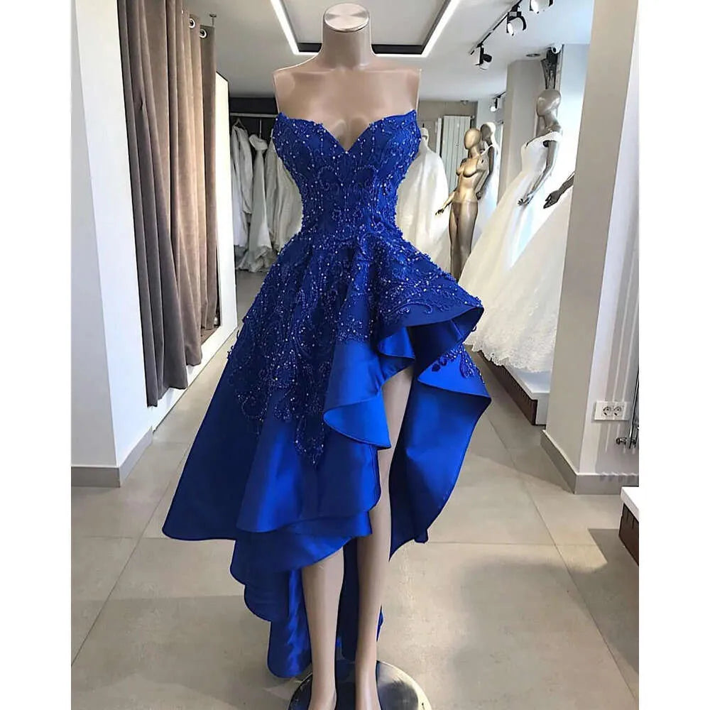 Royal Blue High Low Evening Party Dresses Sweetheart Beaded Lace Applique Ruffles Skirt Summer Occasion Prom Gowns cg1995