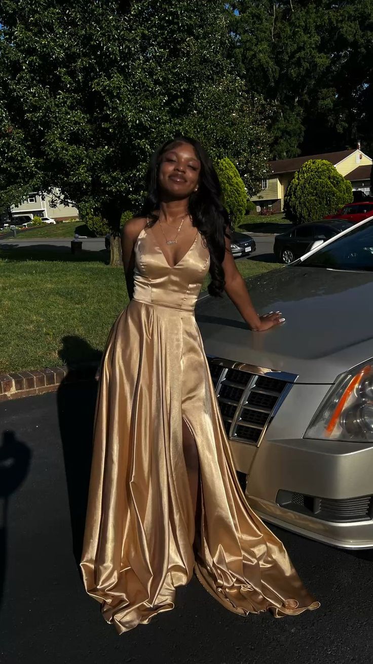 A Line V Neck Gold Sleeveless Satin Long Prom Dress,Formal Gown cg24925