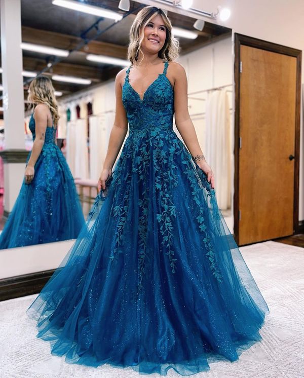 Cute A Line V Neck Tulle Prom Dresses with Appliques cg24918