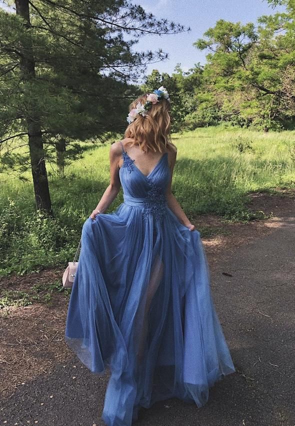 Blue tulle lace long prom dress evening dress cg24921