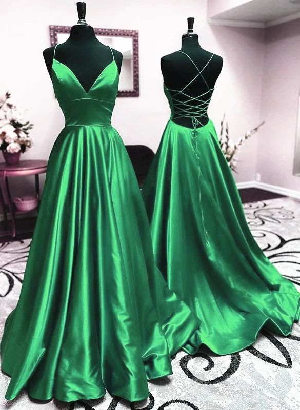 V Neck Green Backless Long Prom Dresses, Open Back Green Long Formal Dresses cg24861