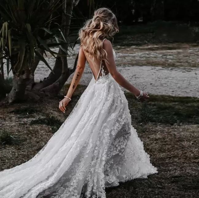 A-line V Neck Lace Prom Dress With Split cg16889