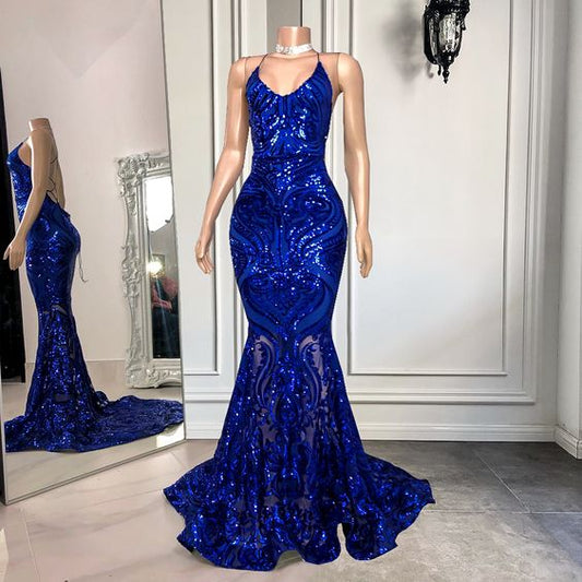 Königsblaues Ballkleid, Spaghetti-Ballkleid, Spitzen-Ballkleider, funkelndes Ballkleid cg24874