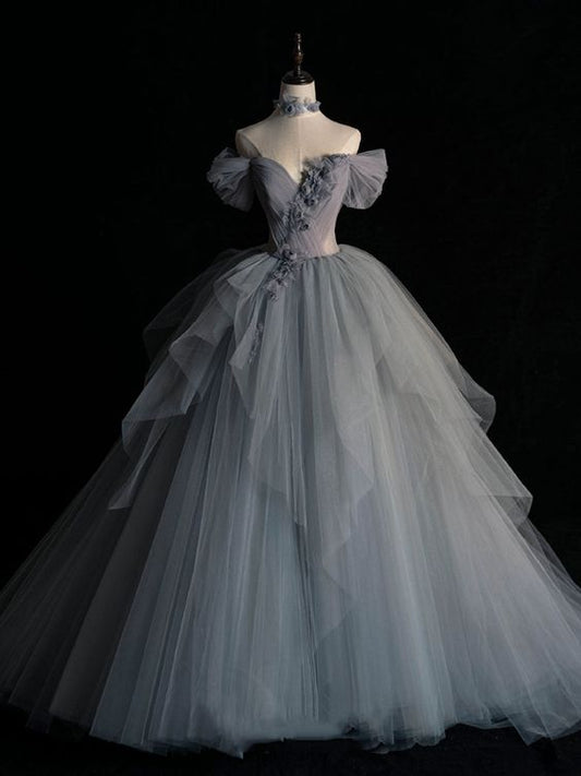 Graues langes Ballkleid aus Tüll mit herzförmigem Ausschnitt, graues Abendkleid cg24834