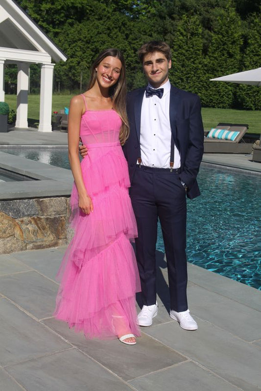 Prinzessin Hot Pink Langes Ballkleid Lagen Tüll Ärmelloses Korsettkleid, Abendkleider cg24859