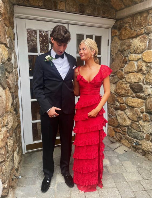 A-Linie Langes Ballkleid aus roter Spitze cg24898