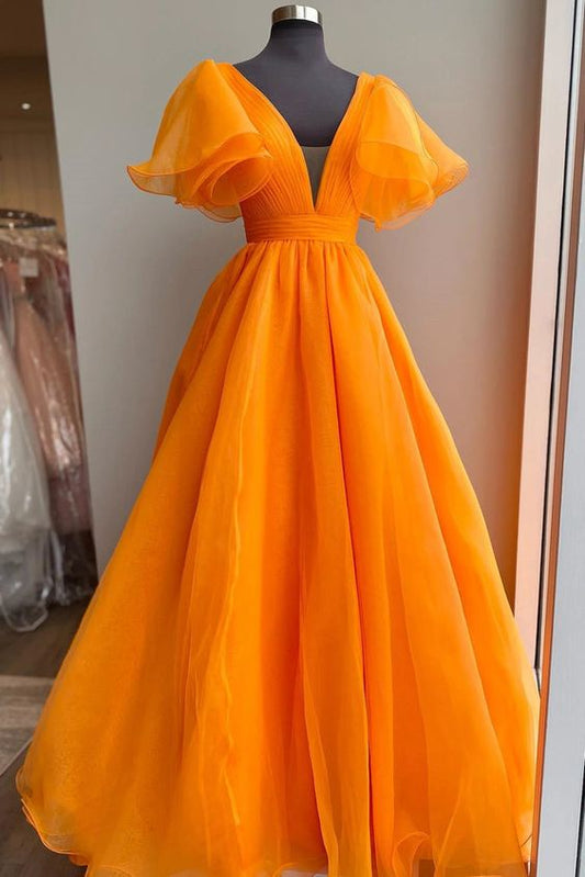 Orange Ballkleider mit kurzen Ärmeln, Orange Lange Abendkleider cg24855