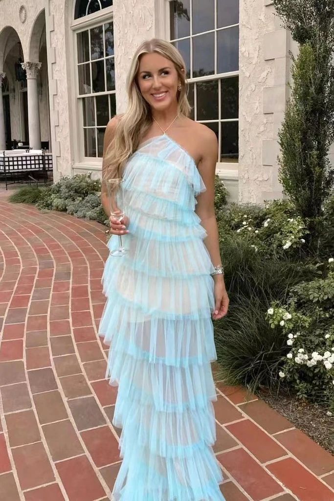 New Style Halter Ruffles Tulle Prom Dress With Slit,Charming Long Party Dress cg24858