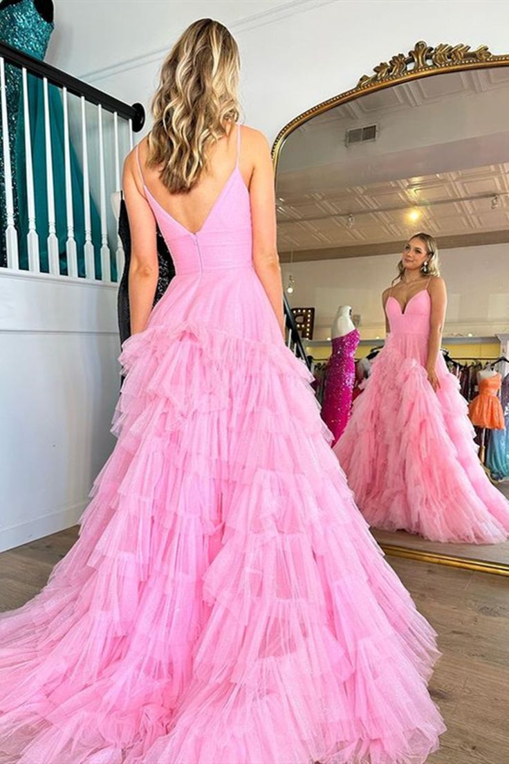 V Neck Pink Long Prom Dresses, Pink V Neck Long Formal Evening Dresses cg24952