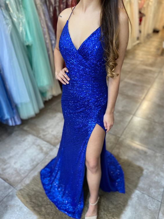 Royal blue mermaid spaghetti straps long prom dress sequin prom dresses custom made evening formal gown cg24940
