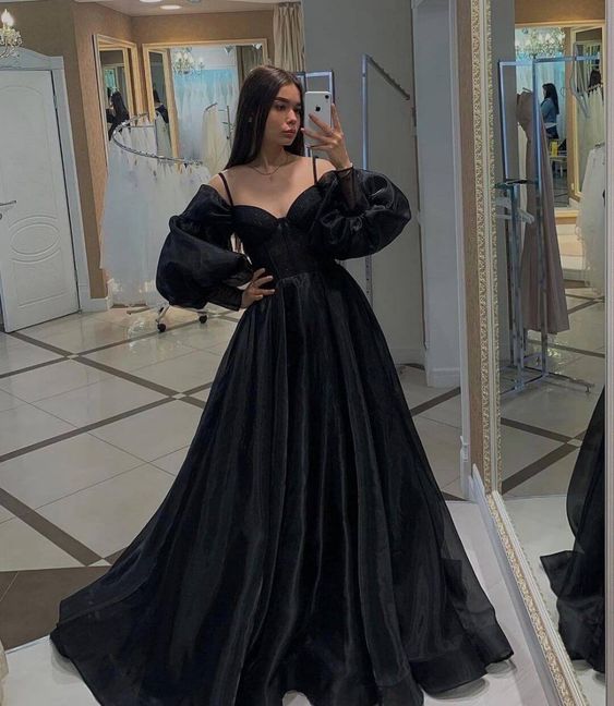 Black Long Sleeves Prom Dresses,Organza Formal Dresses,Party Dress with Train cg24946 Black Long Sleeves Prom Dresses,Organza Formal Dresses,Party Dress with Train cg24946