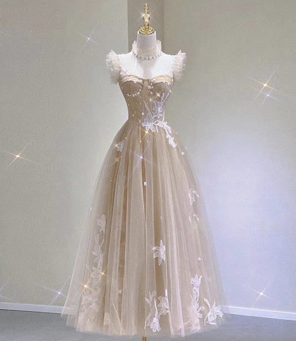 Champagne tulle lace tea length prom dress evening dress cg24961