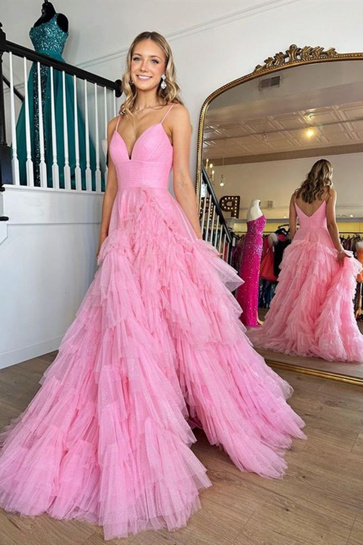 V Neck Pink Long Prom Dresses, Pink V Neck Long Formal Evening Dresses cg24952