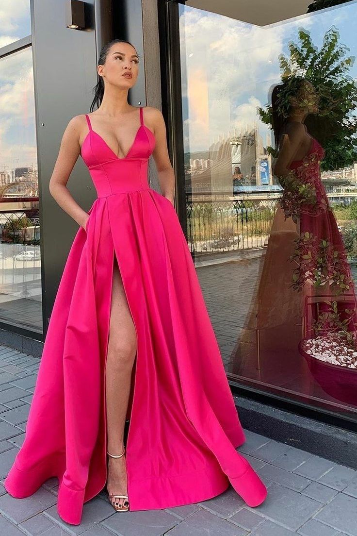 Fuchsia Satin Long Prom Dresses with Wide Waistband cg24948