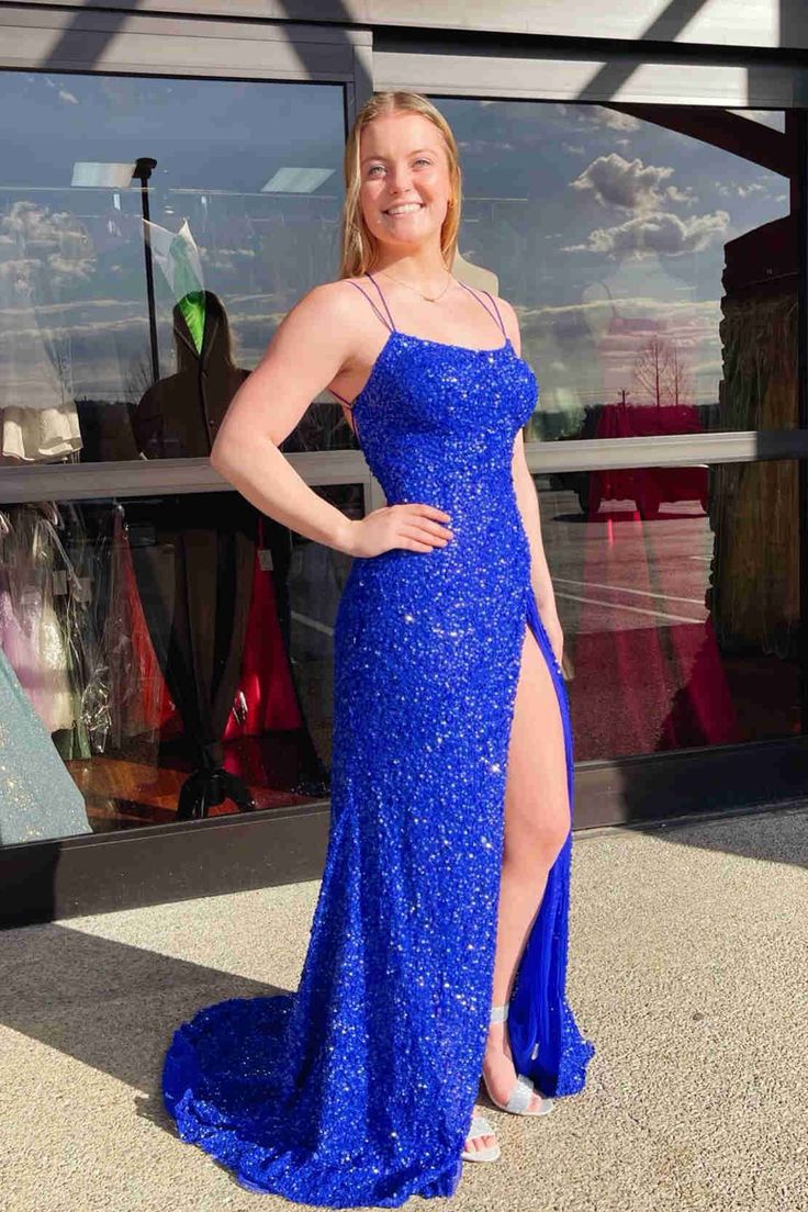 Sparkle Royal Blue Sequins Long Prom Dress with Slit cg24958