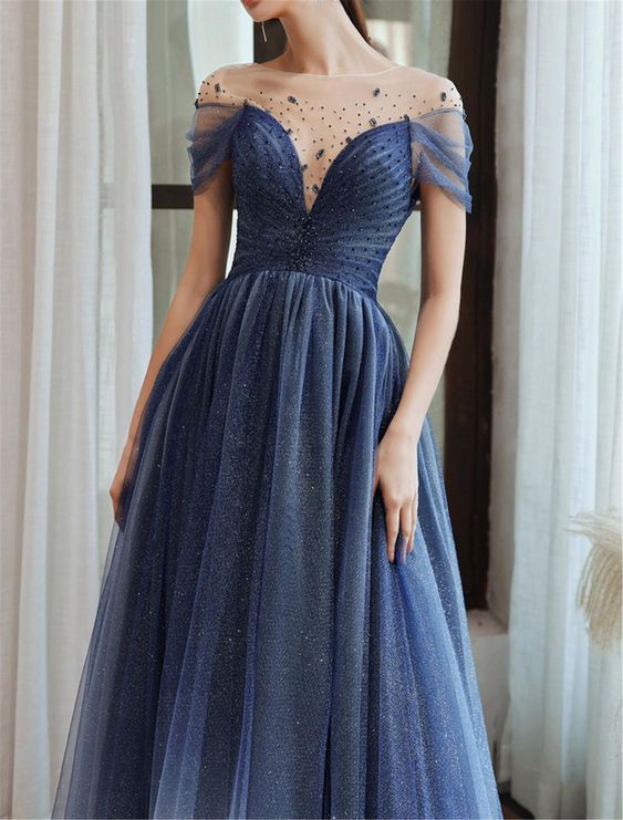 Blue Starry Prom Dress Glitter Evening Dress Deep V Bridal Dress cg24947
