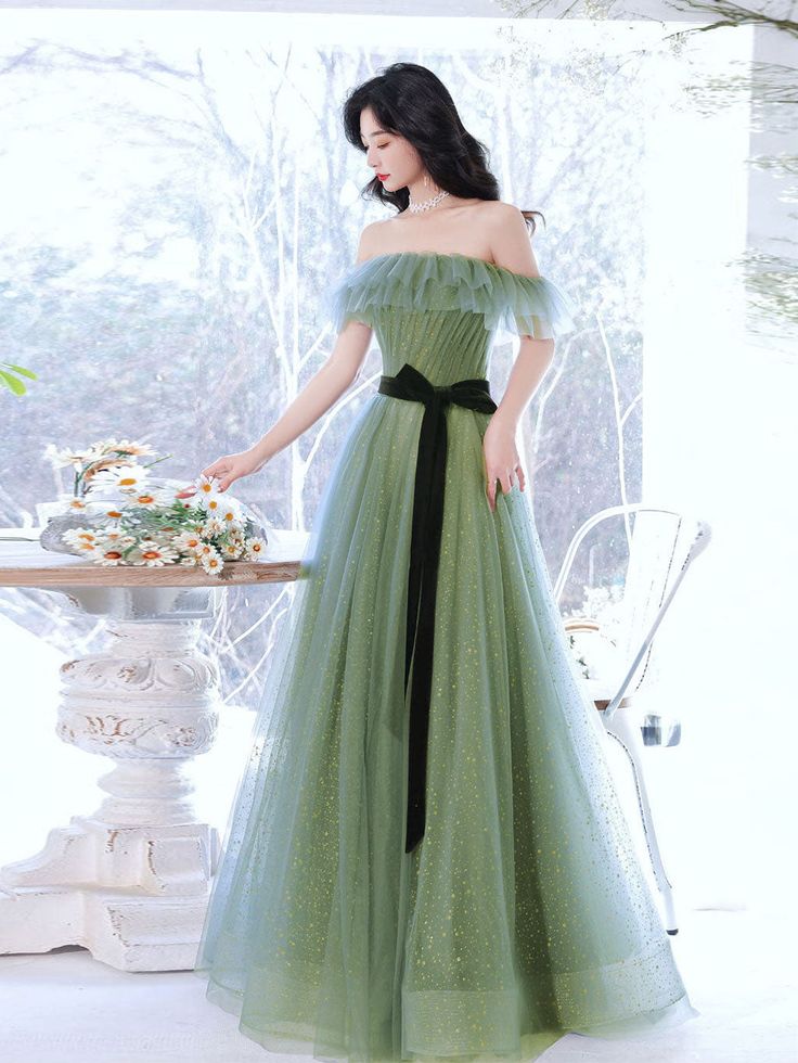A line Green Long Prom Dresses, Green Tulle Formal Graduation Party Dress cg24988 A line Green Long Prom Dresses, Green Tulle Formal Graduation Party Dress cg24988