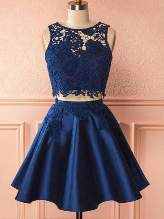 2-teiliges marineblaues Homecoming-Kleid aus Satin, zweiteiliges Homecoming-Kleid aus Spitze, Partykleid