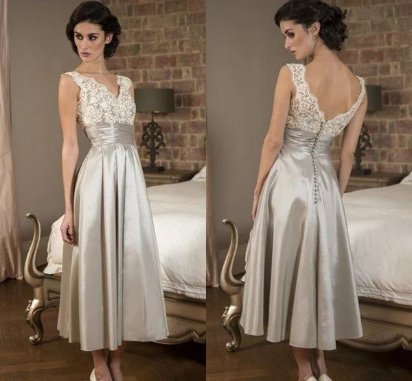 Vintage V Neck Tea Length Silver Occasion Dress with Pleated Cummerband Sexy V Neck Lace Prom Dresses cg10865