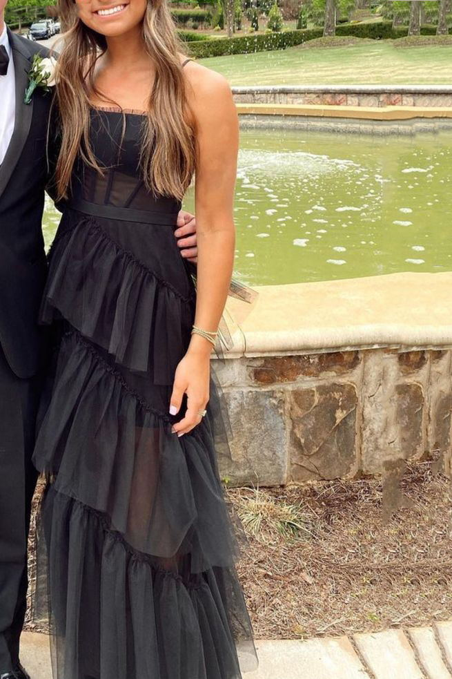 New Arrival A-Line Tiered Tulle Black Prom Dress, Spaghetti Straps Long Evening Dress cg24881