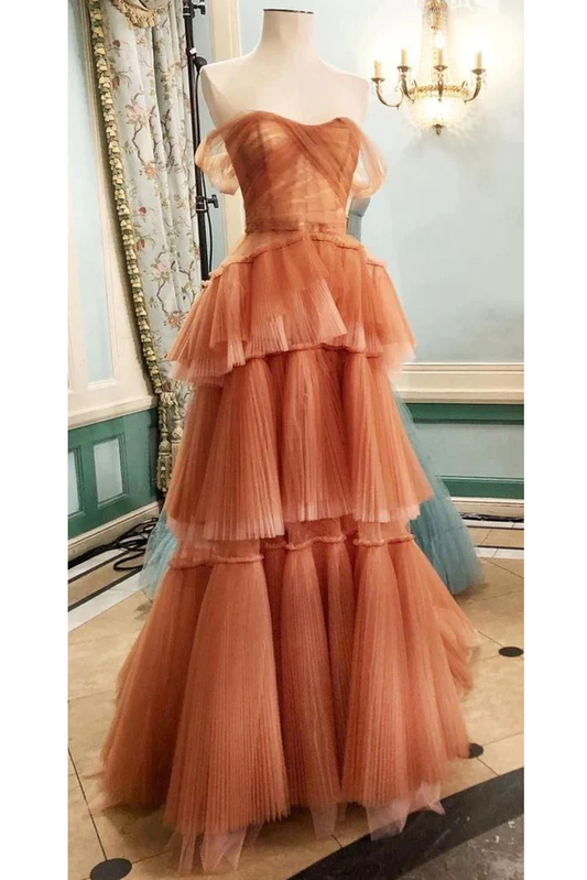 Schulterfreies, langes, gestuftes Ballkleid aus Tüll, A-Linien-Abendkleid cg24857