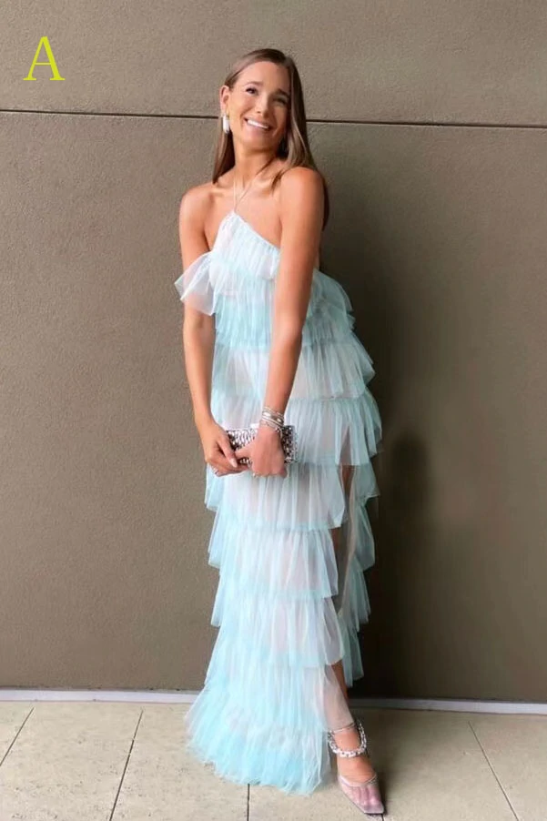 New Style Halter Ruffles Tulle Prom Dress With Slit,Charming Long Party Dress cg24858