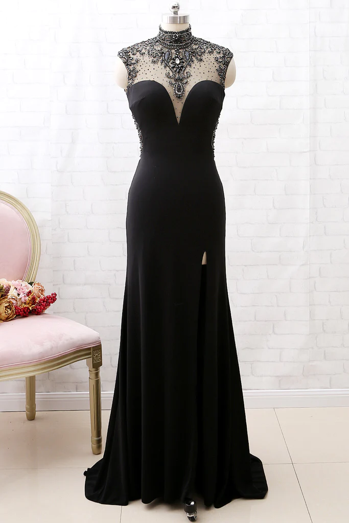 Mermaid High Neck Beaded Jersey Black Formal Evening prom Gown with Slit cg6523