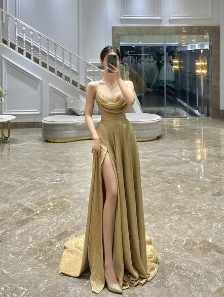 Gold Prom Dresses A line Evening Gown with Side Slit cg24956