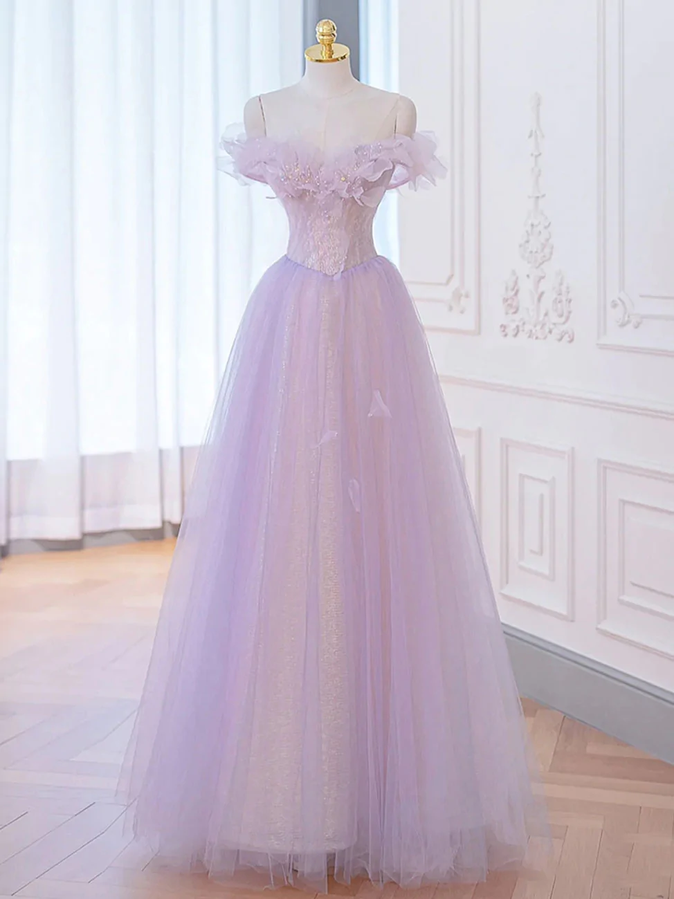 A-Line Purple Off Shoulder Long Prom Dress, Purple Formal Evening Dresses cg24962