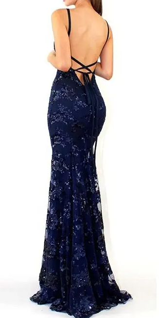 marineblaues, langes Ballkleid im Meerjungfrauen-Stil aus Tüll und Pailletten mit V-Ausschnitt und Schnürung am Rücken, cg10962