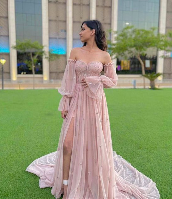 Pink Off The Shoulder Long Prom Dress A-line Evening Dress cg24975