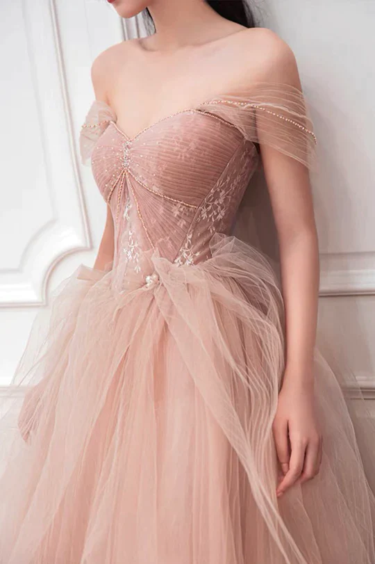 Pink Sweetheart With Lace Beaded Tulle Junior Prom Dress, Pink Long Fo classygown Pink Sweetheart With Lace Beaded Tulle Junior Prom Dress, Pink Long Fo classygown