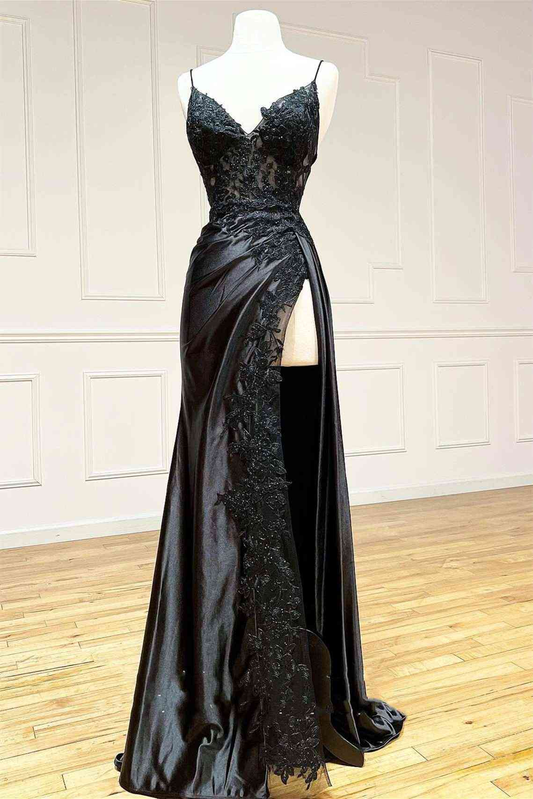 Schwarzes langes Ballkleid mit Applikationen und Spaghettiträgern cg24993
