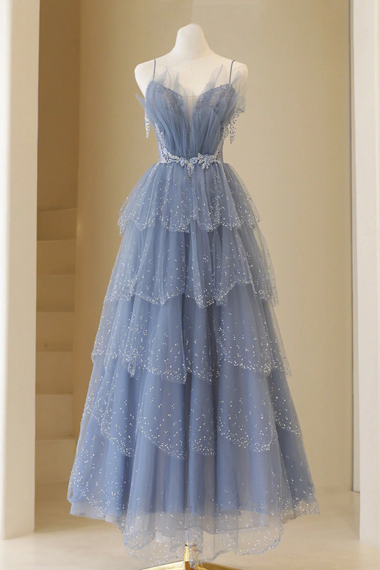 Blaues langes Ballkleid mit Tülllagen, Trägern und Perlen, blaues A-Linien-Abendkleid cg24964