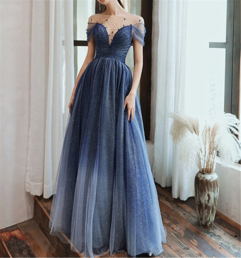 Blue Starry Prom Dress Glitter Evening Dress Deep V Bridal Dress cg24947