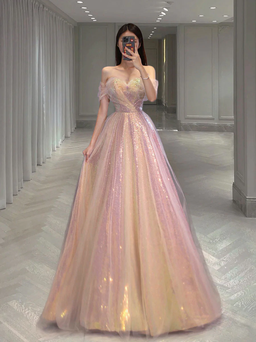 A Line Tulle Sequin Long Prom Dress, Off Shoulder Formal Graduation Dress cg24966