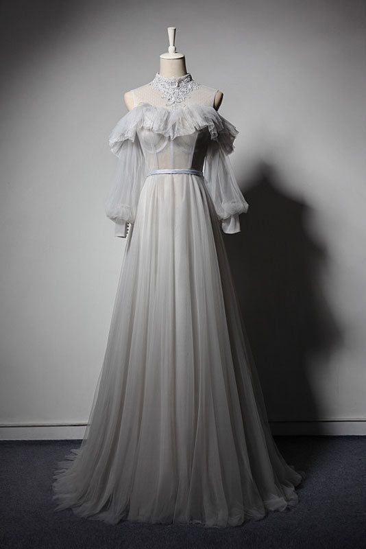 Gray Appliques Lace High Neck Prom Dress,Retro Long Sleeve Formal Dresses,Senior Tulle Prom Dresses cg11886