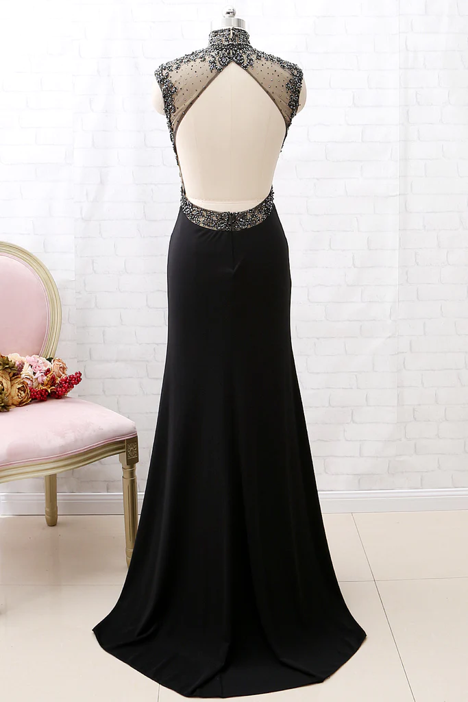 Mermaid High Neck Beaded Jersey Black Formal Evening prom Gown with Slit cg6523