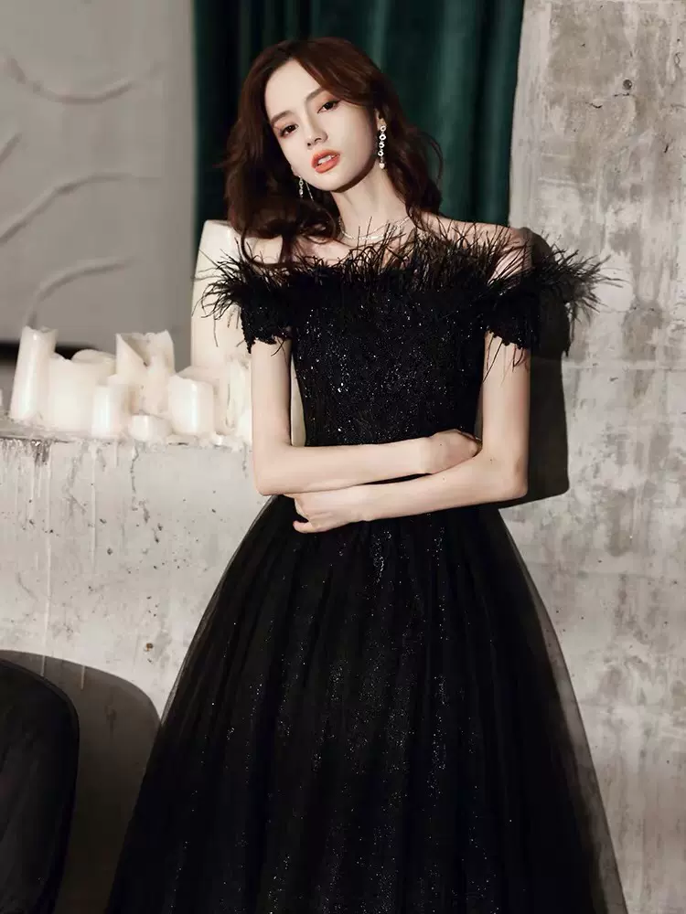 BLACK TULLE BEADS LONG A LINE PROM DRESS EVENING DRESS cg21506