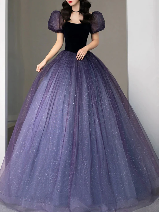 Purple tulle sequin long prom dress, purple evening dress cg24995