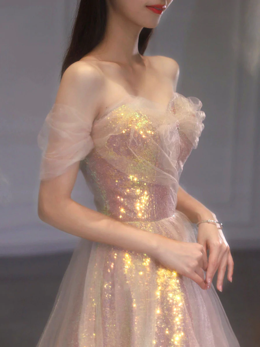 A Line Tulle Sequin Long Prom Dress, Off Shoulder Formal Graduation Dress cg24966